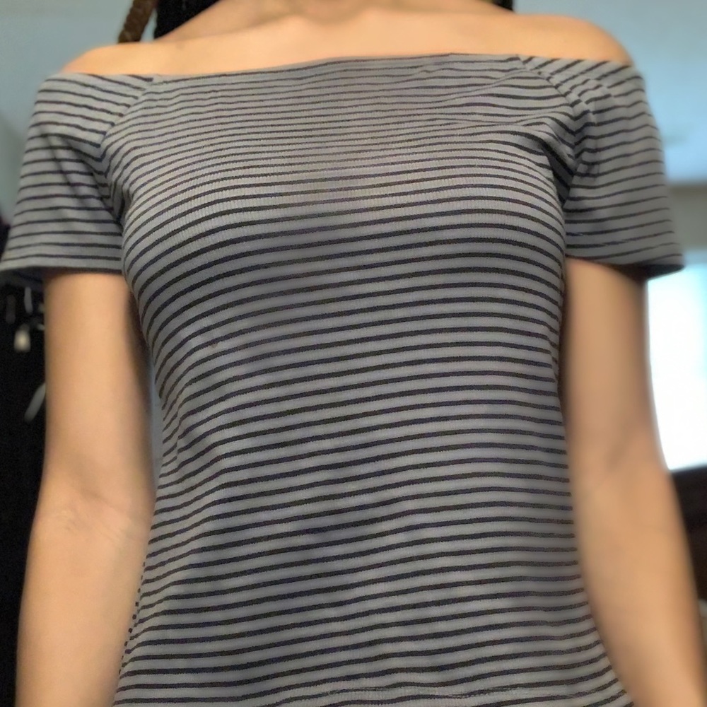 Off the shoulder grey and black stripped shirt